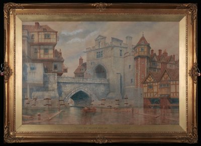Verraderspoort - Oude Londenbrug in 1650 door James Stewart